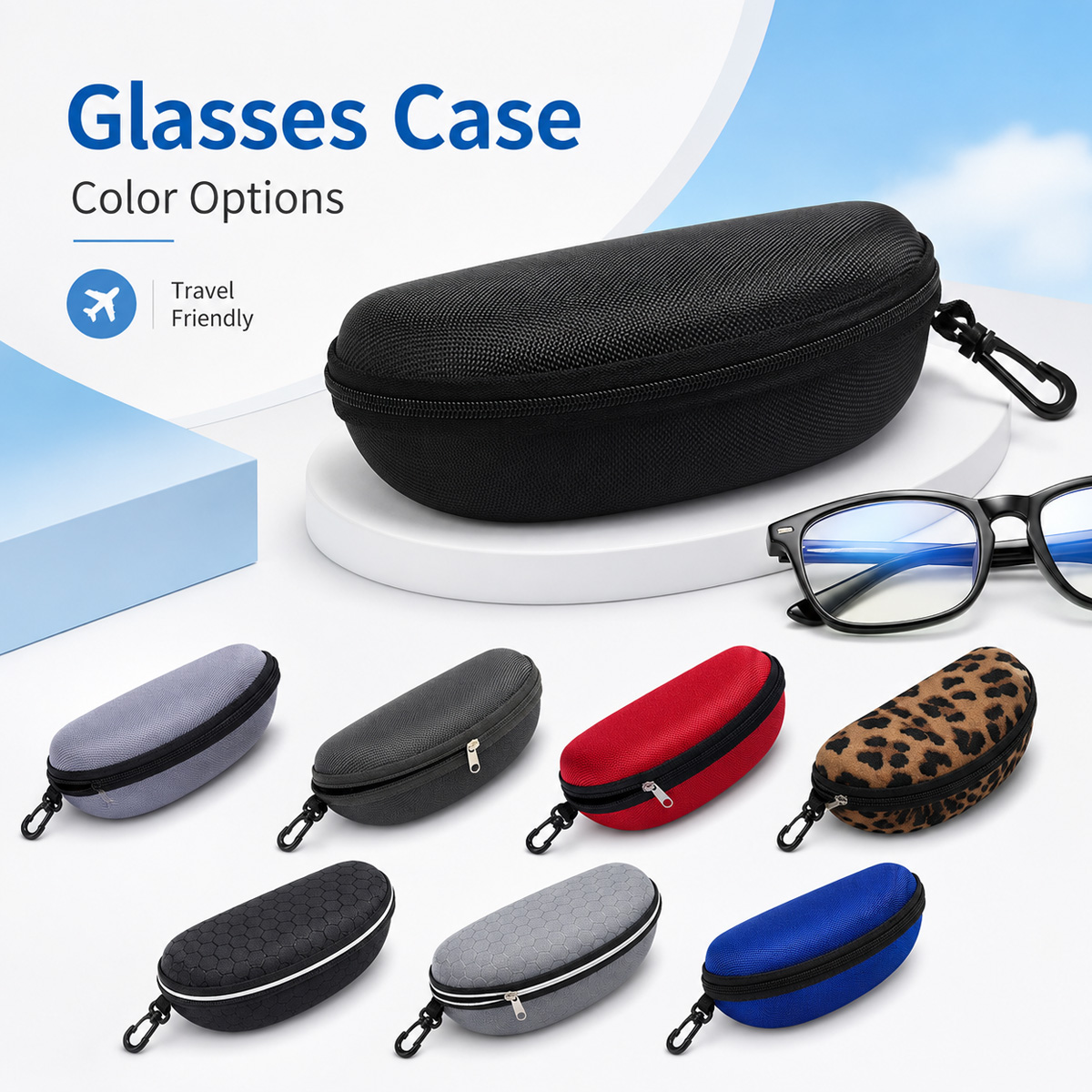 Travel Reading Accessories - 保護ハードシェルメガネケースポータブルジッパー収納ボックスカラビナクリップ付きサングラス眼鏡読書旅行用に最適