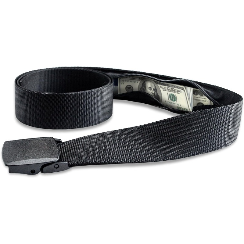 Money Belt Hidden - トラベルセキュリティベルト 隠しポケット付き 調節可能なキャッシュストラップ スリムウエストウォレット パスポートマネー用 盗難防止ウエストバッグ