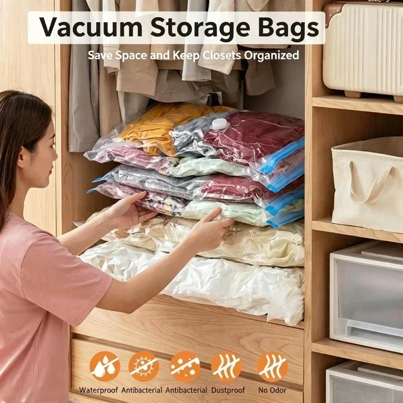 Compression Bag Vacuum - 1/3/5個入り 真空バッグとポンプカバー 衣類収納用 大型プラスチック圧縮空バッグ 旅行用アクセサリー収納容器