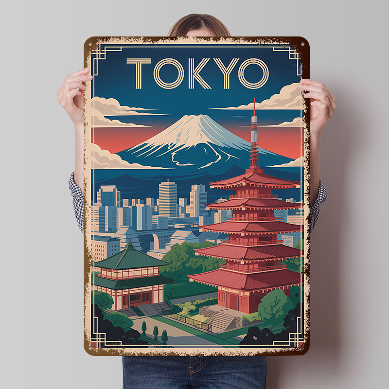 Travel Accessories For Europe - 東京旅行と富士山メタルポスター、カスタムウォールアート、レトロビンテージブリキ看板、男性用カバーやコーヒーバーアクセサリーの装飾に