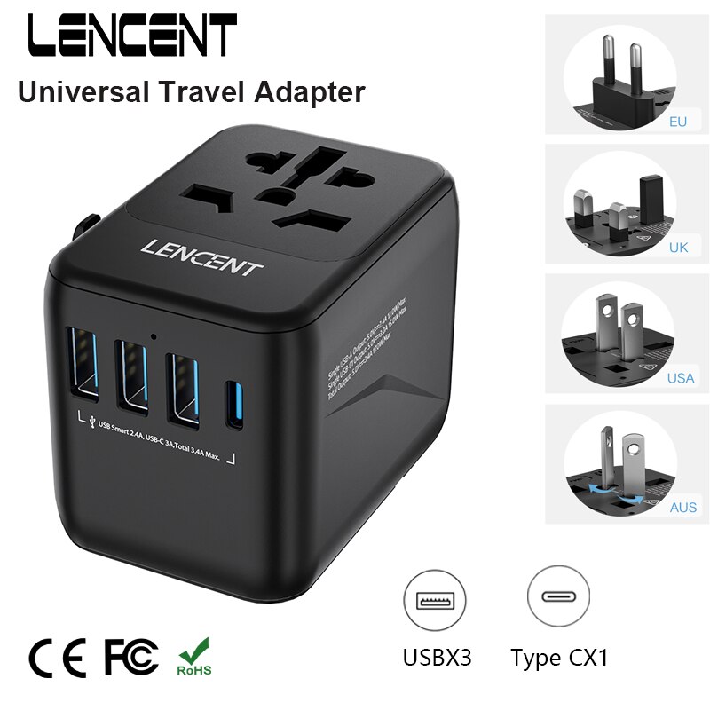 Travel Accessories For Europe - Encent-3つのUSBポートを備えたユニバーサルトラベルアダプター、1種類のタイプ-c、pd充電、オールインワン、EU、uk、usa、旅行用プラグ