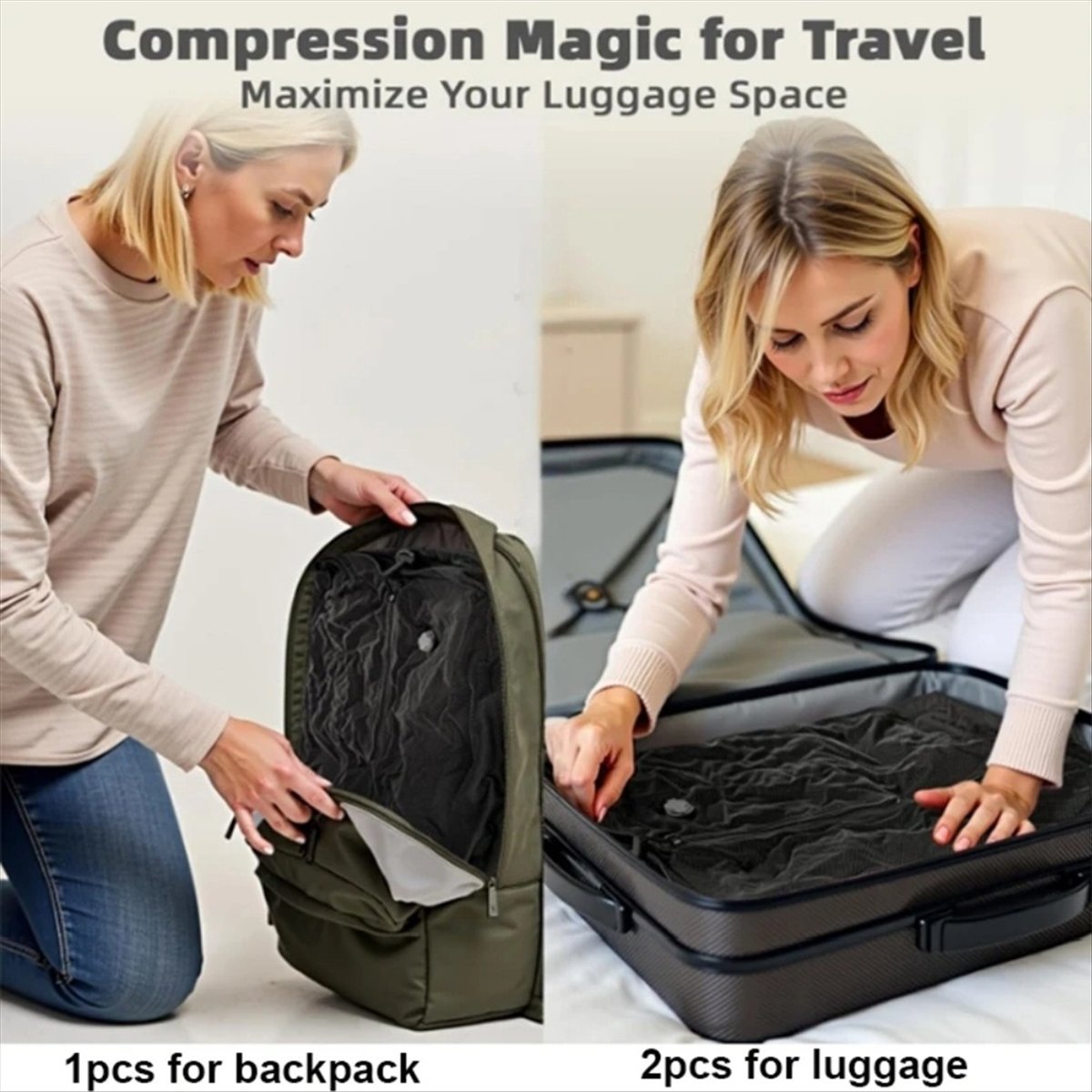 Compression Bag Vacuum - 旅行用真空バッグ、スーツケース用再利用可能な真空圧縮バッグ、衣類旅行必需品用真空シールバッグに適合します。