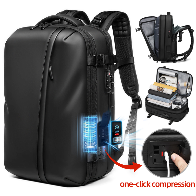 Compression Bag Vacuum - メンズトラベルバックパック ワンクリックスタートポンプ真空圧縮 17インチノートパソコンバックパック ハイキング ビジネス 60L拡張スクールバックパック