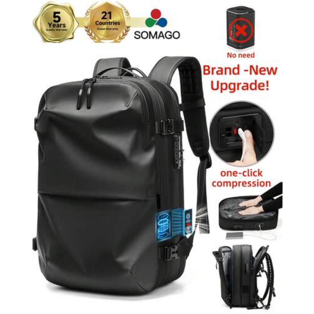 Compression Bag Vacuum - ワンクリックで拡張可能な真空圧縮バックパック 60L、TSAロック付き、17インチノートパソコン対応、軽量で耐久性のある機内持ち込み用トラベルバッグ、男性女性向け、航空会社承認済み、旅行、キャンプ、ハイキング、週末旅行に最適