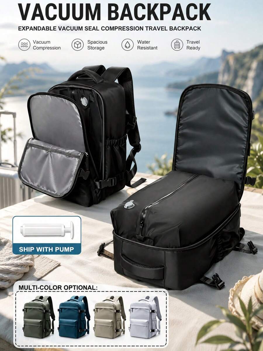 Compression Bag Vacuum - 大容量真空バックパックトラベルバッグ、サイズ42*29*15cm、拡張可能な真空密閉圧縮トラベルバックパック、収納スペースを50%節約、複数のポケット付き、防水ナイロンバックパック、実用的で耐久性のある素材、15.6インチペン付き。