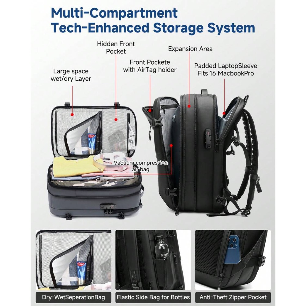 ワンクリックで拡張可能な真空圧縮バックパック 60L、TSA - Compression Bag Vacuum のレビューと価格